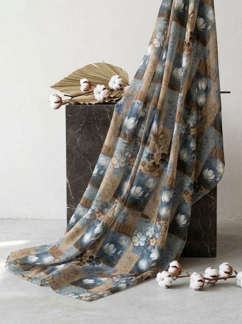 Blue Vintage Floral Patchwork Pure Muslin Digital Printed Fabric