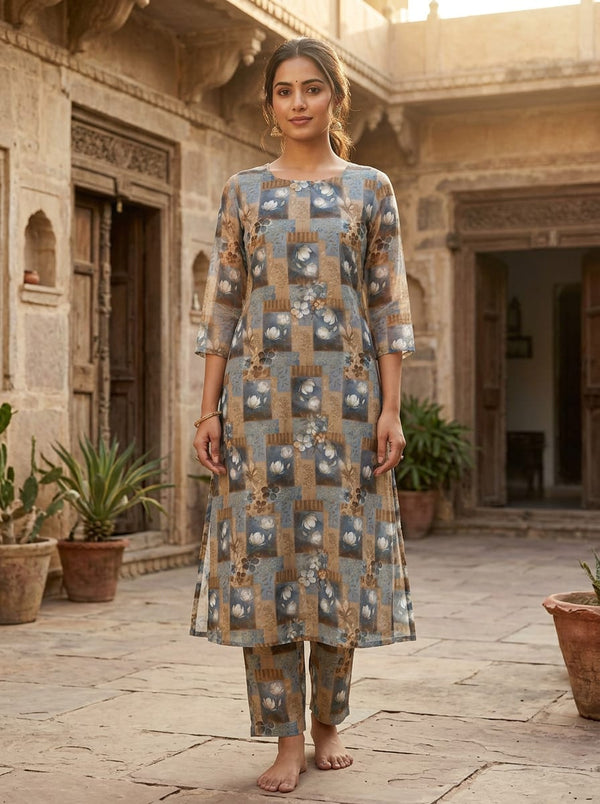 Blue Vintage Floral Patchwork Pure Muslin Digital Printed Fabric - A-Line Kurta with Salwar Lookbook - PM-0-TA0086PM1-151 - alternate view
