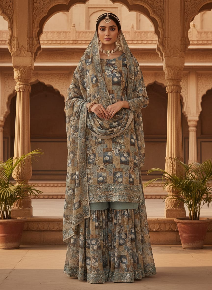 Multicolor Vintage Floral Block Print Pure Georgette Digital Printed Fabric