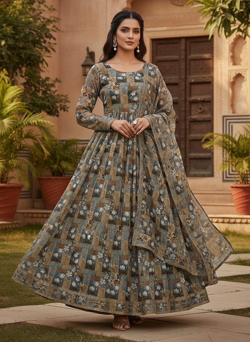 Vintage Bright White Flower With Cool Pattern Digital Printed Fabric - Pure Chinon