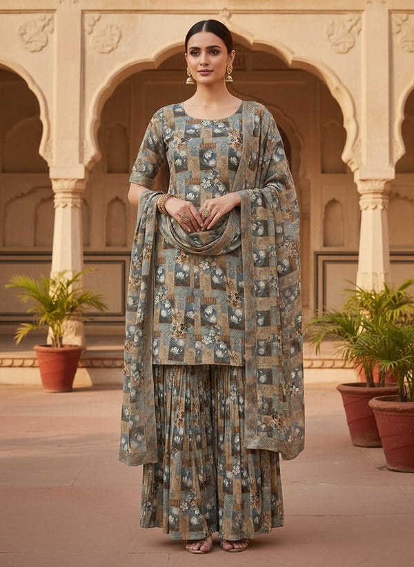 Vintage Bright White Flower With Cool Pattern Digital Printed Fabric - Pure Chinon - Sharara Set Lookbook - PC-0-TA0086PM1-106 - alternate view