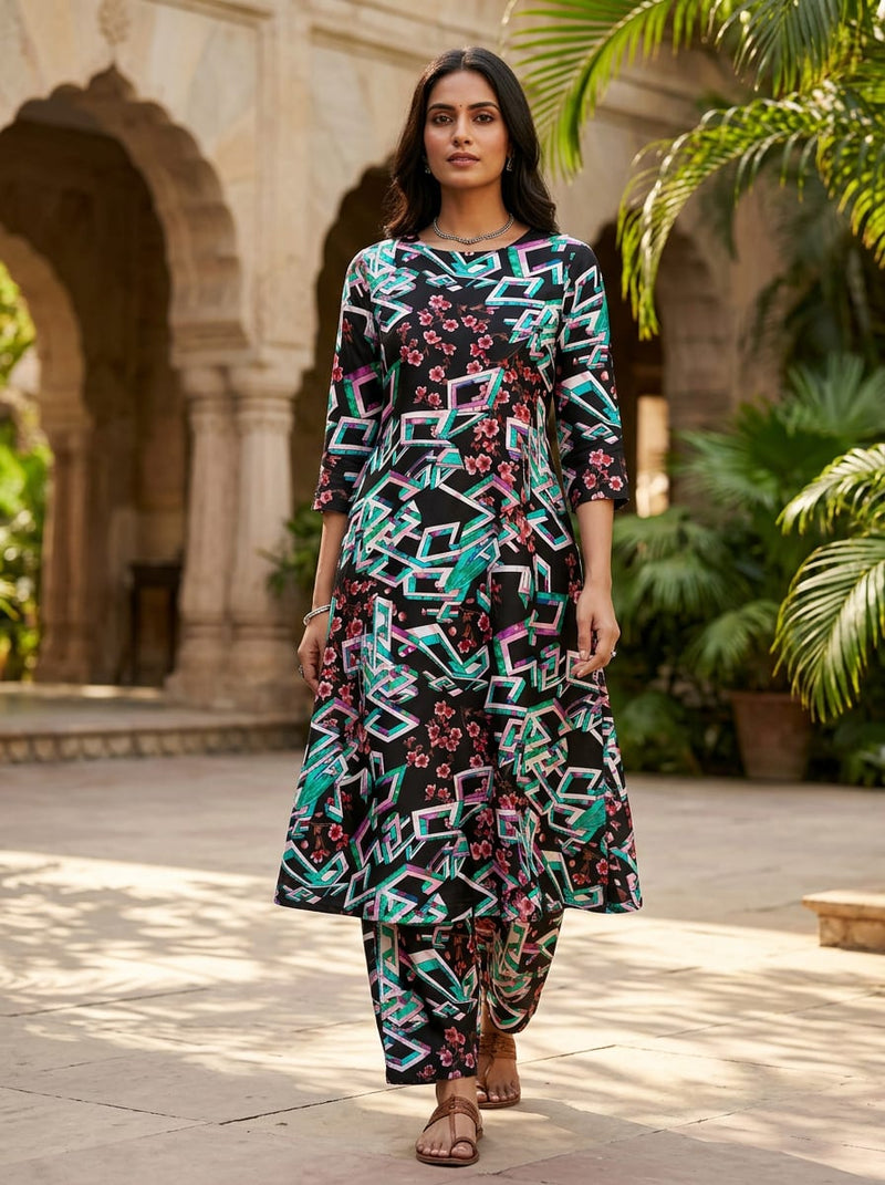 Multicolor Abstract Geometric and Floral Tusser Silk Digital Printed Fabric