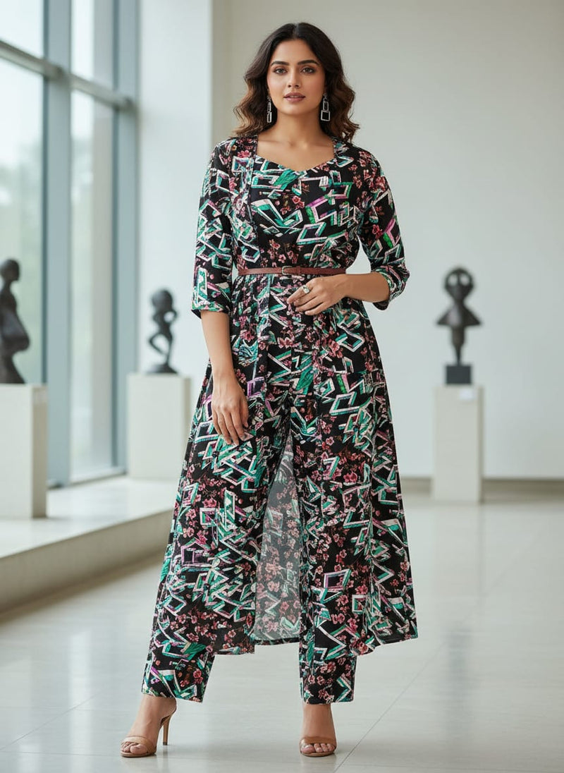 Multicolor Geometric Floral Blossom Kora Silk Digital Printed Fabric