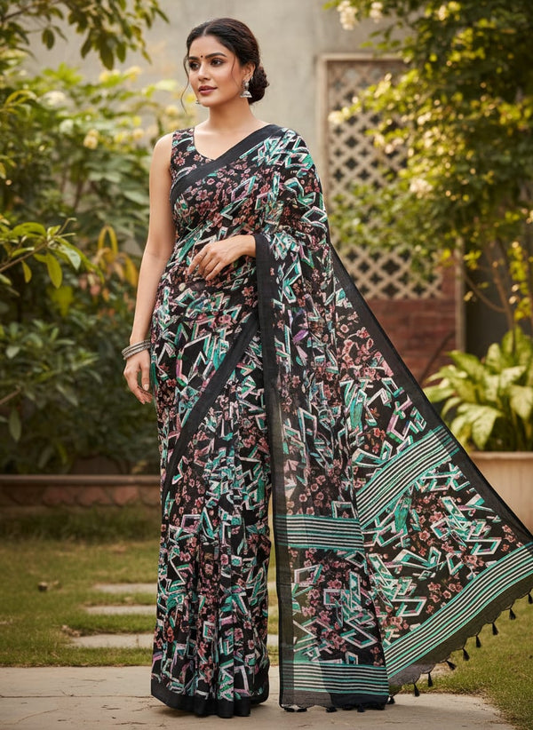 Multicolor Geometric Floral Blossom Kora Silk Digital Printed Fabric - Saree Lookbook - KS-0-TA0094-110 - alternate view
