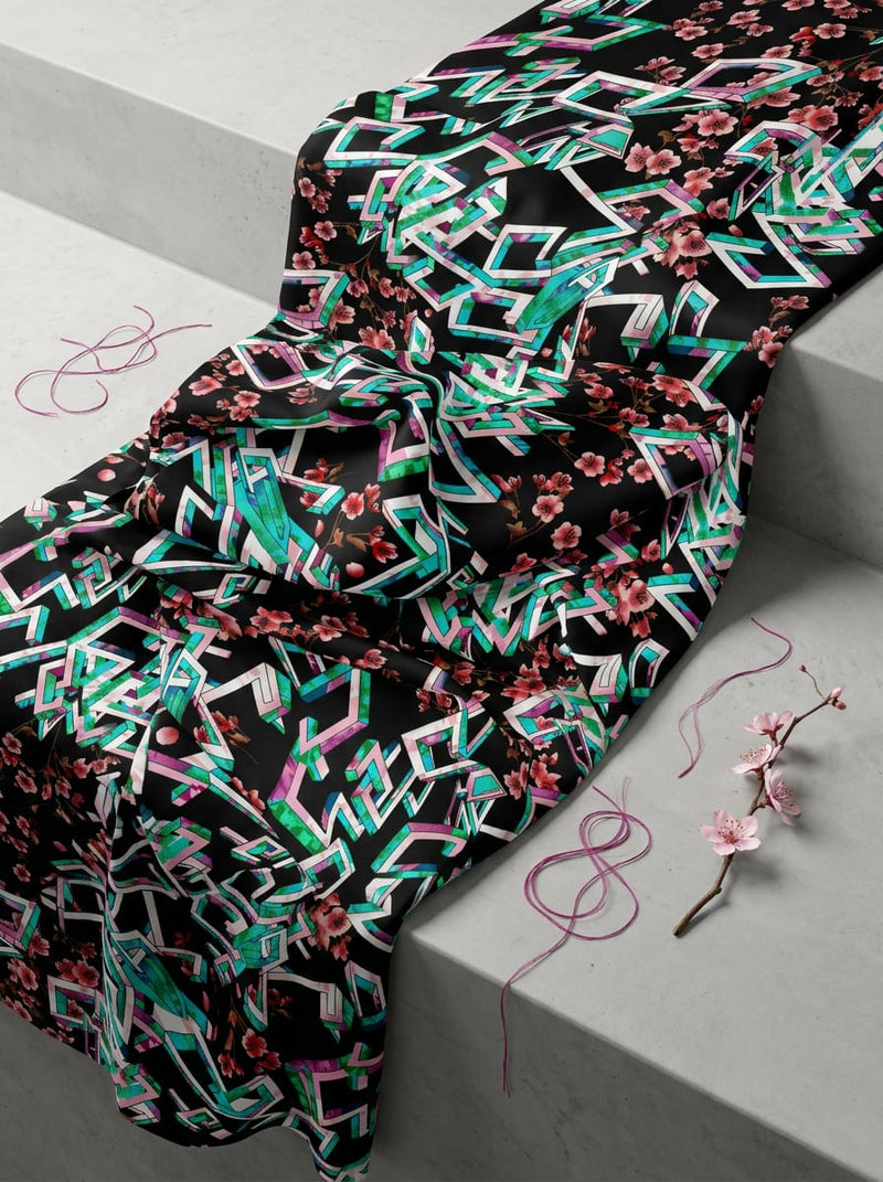 Multicolor Abstract Geometric and Floral Weightless Digital Printed Fabric