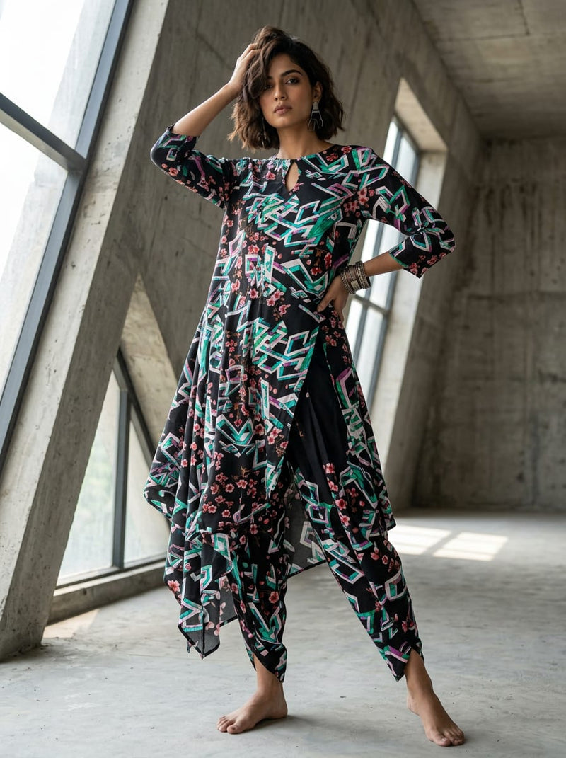 Multicolor Geometric and Floral Fusion Pure Muslin Digital Printed Fabric