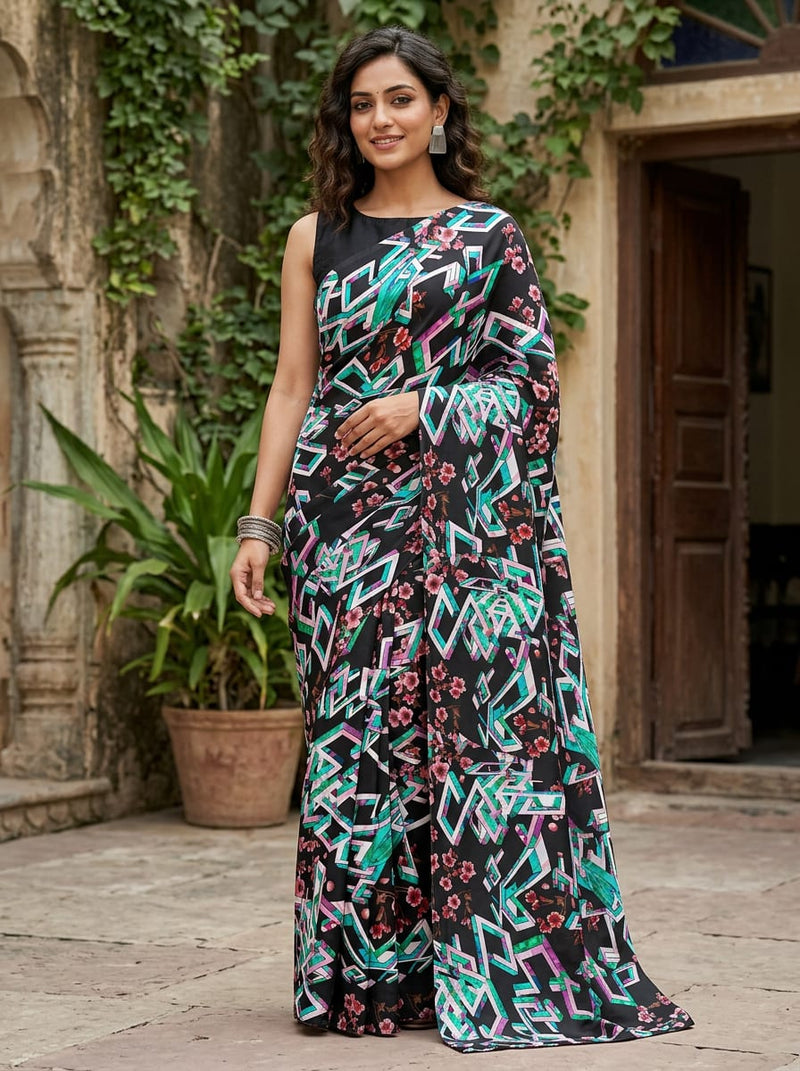Black Abstract Geometric and Floral Fusion Upada Silk Digital Printed Fabric