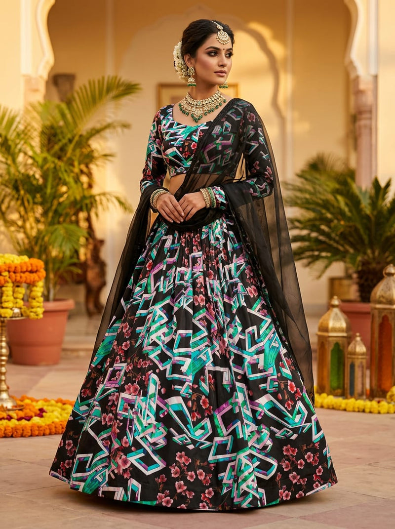 Black Abstract Geometric and Floral Fusion Upada Silk Digital Printed Fabric