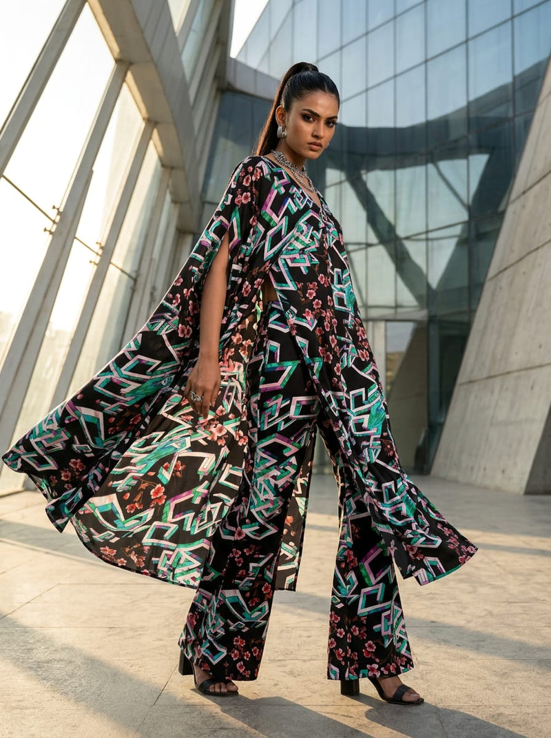 Black Abstract Geometric and Floral Fusion Upada Silk Digital Printed Fabric