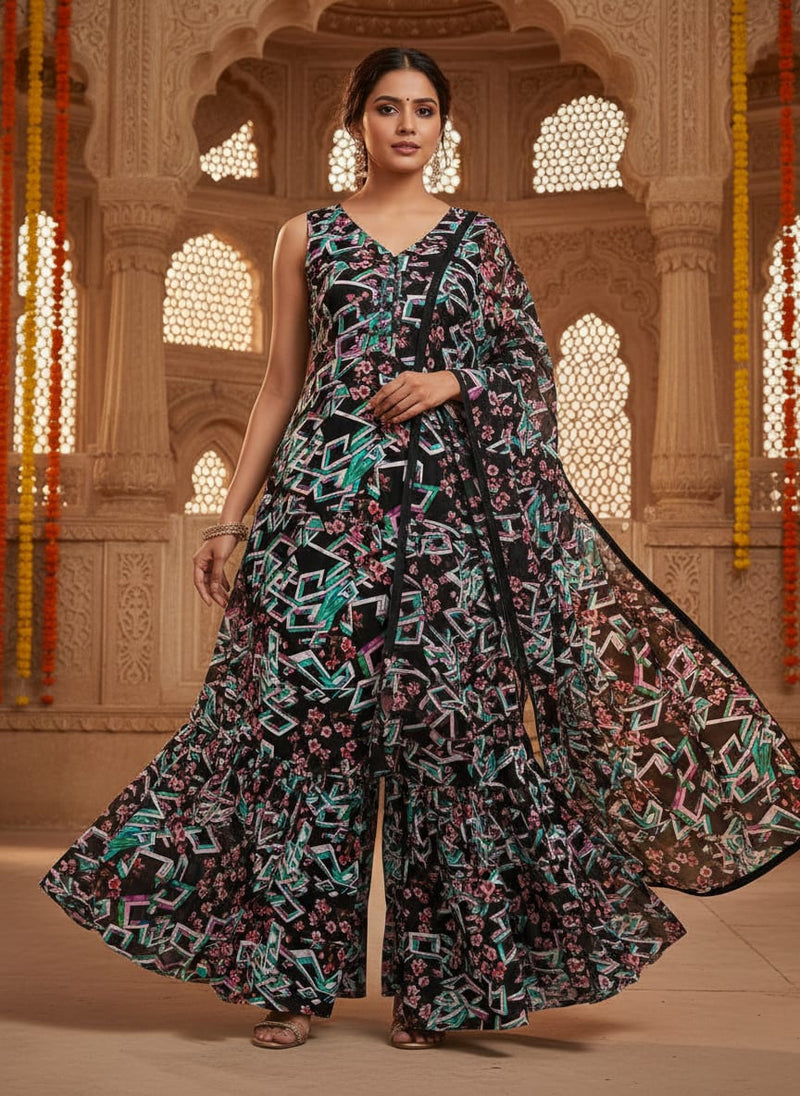 Morden Colourful Chintz Flower With Creative Box Digital Printed Fabric - Pure Georgette