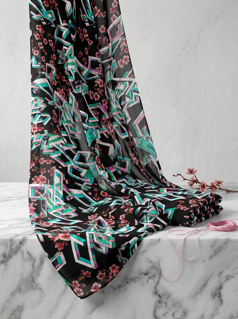 Black Geometric and Floral Fusion Pure Georgette Digital Printed Fabric
