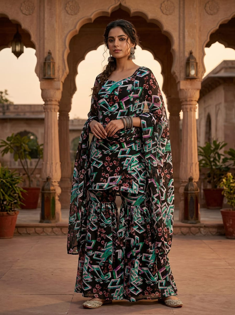 Black Geometric and Floral Fusion Pure Georgette Digital Printed Fabric