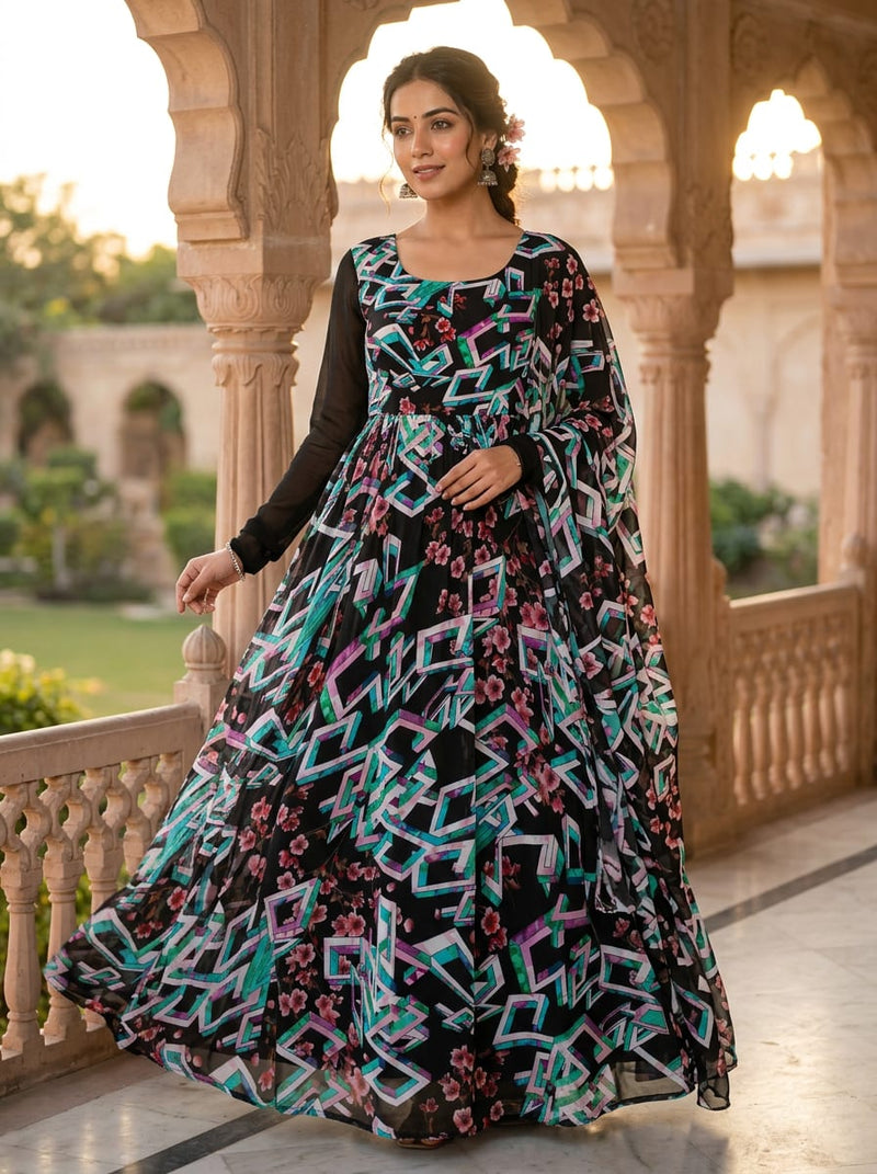 Black Geometric and Floral Fusion Pure Georgette Digital Printed Fabric