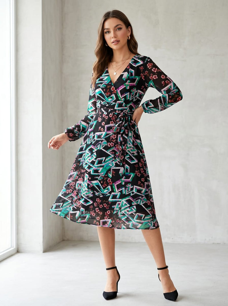 Black Geometric and Floral Fusion Pure Georgette Digital Printed Fabric