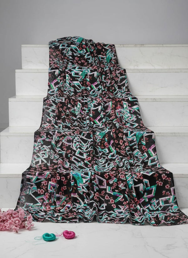 Multicolor Abstract Geometric Floral Pure Chinon Digital Printed Fabric - Fabric Editorial Studio Flatlay Lookbook - PC-0-TA0094-106