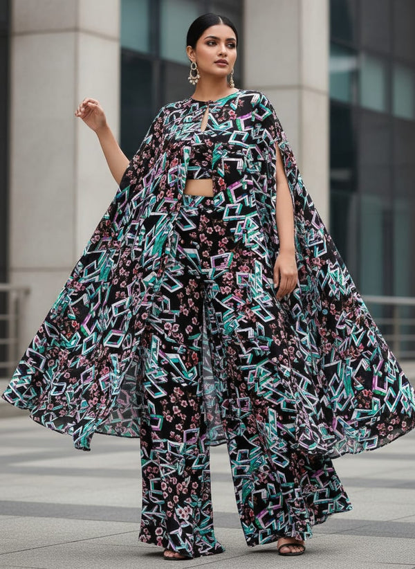 Morden Colourful Chintz Flower With Creative Box Digital Printed Fabric - Pure Chinon - Cape with Palazzo Lookbook - PC-0-TA0094-106 - alternate view