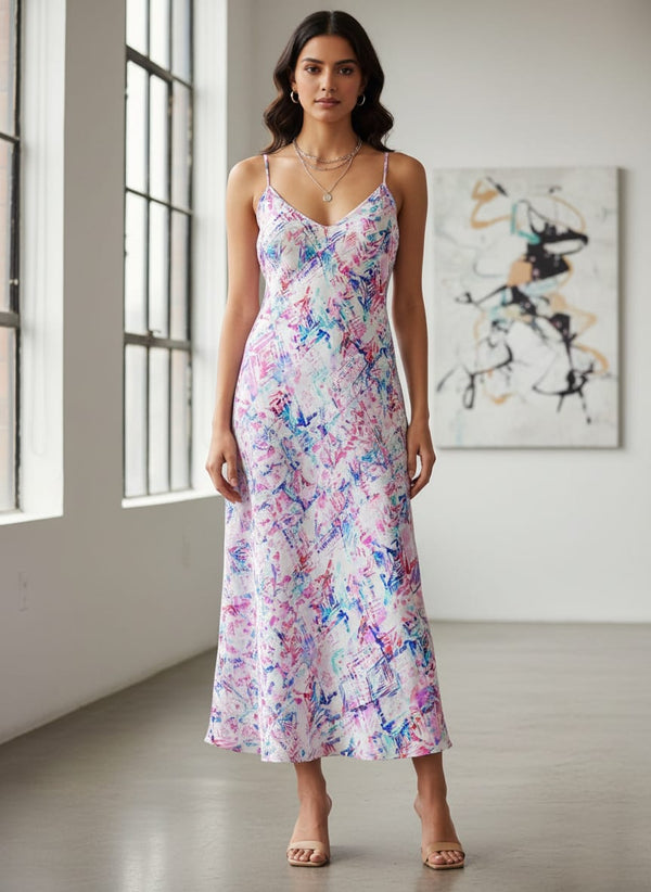 Multicolor Abstract Geometric Watercolour Upada Silk Digital Printed Fabric - Slip Dress Lookbook - US-0-TA0104-110 - alternate view