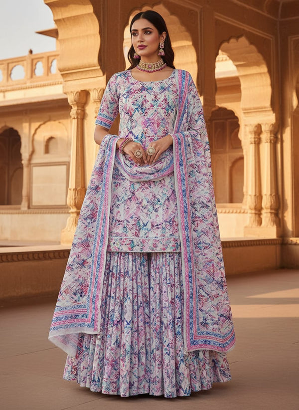Multicolor Abstract Watercolor Diamond Pure Chinon Digital Printed Fabric - Sharara Set Lookbook - PC-0-TA0104-106 - alternate view