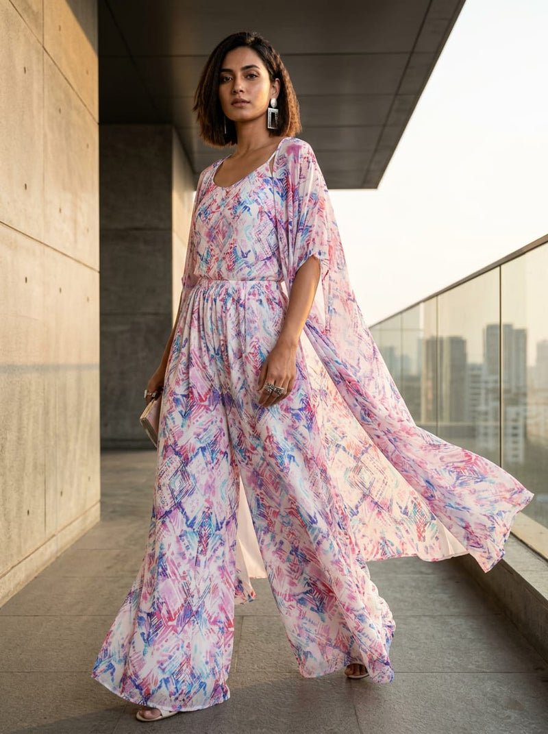 Multicolor Abstract Watercolor Geometric Pure Chiffon Digital Printed Fabric