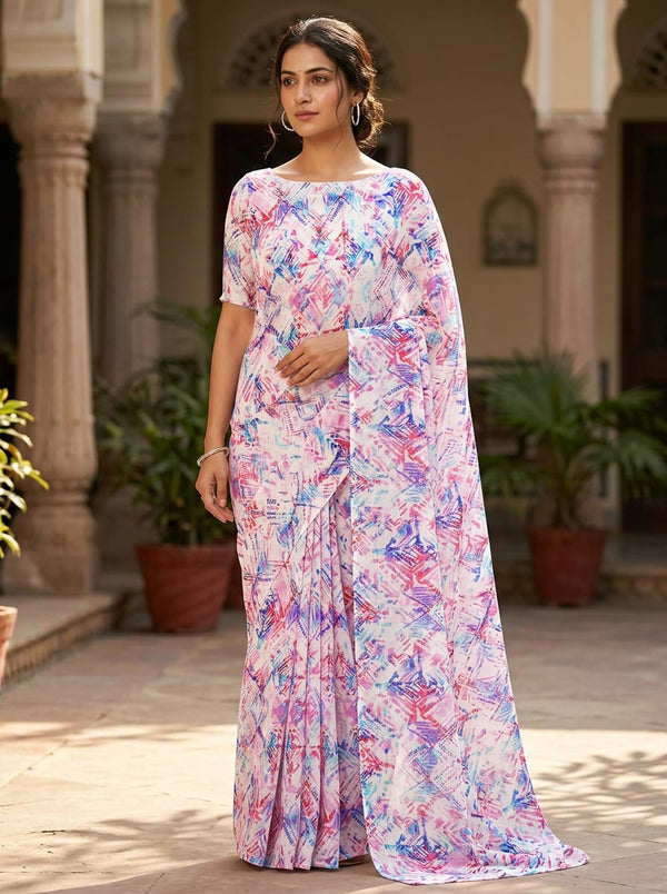 Multicolor Abstract Watercolor Geometric Pure Chiffon Digital Printed Fabric - Saree Lookbook - PCH-0-TA0104-96 - alternate view