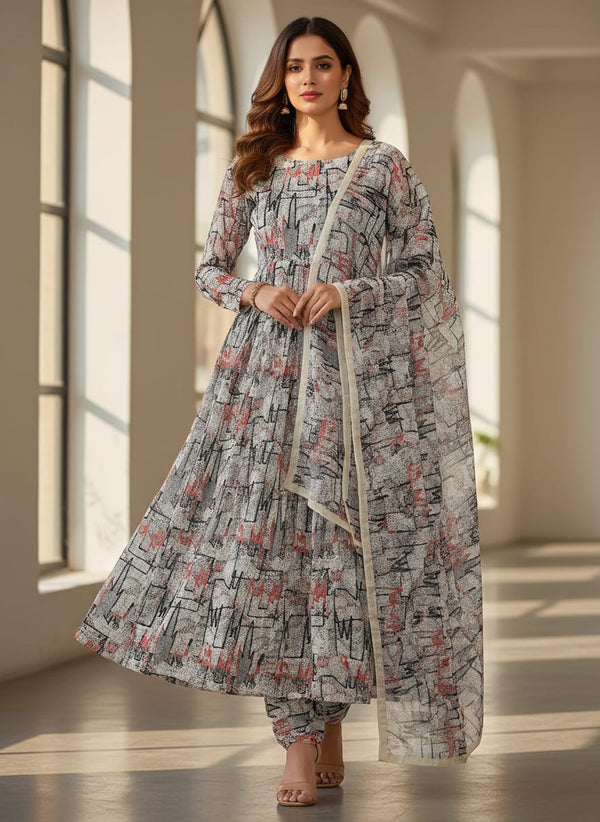 Vintage Art Of Wall Digital Printed Fabric - Pure Chinon - Anarkali Kurta Set Lookbook - PC-0-TA0105-106 - alternate view