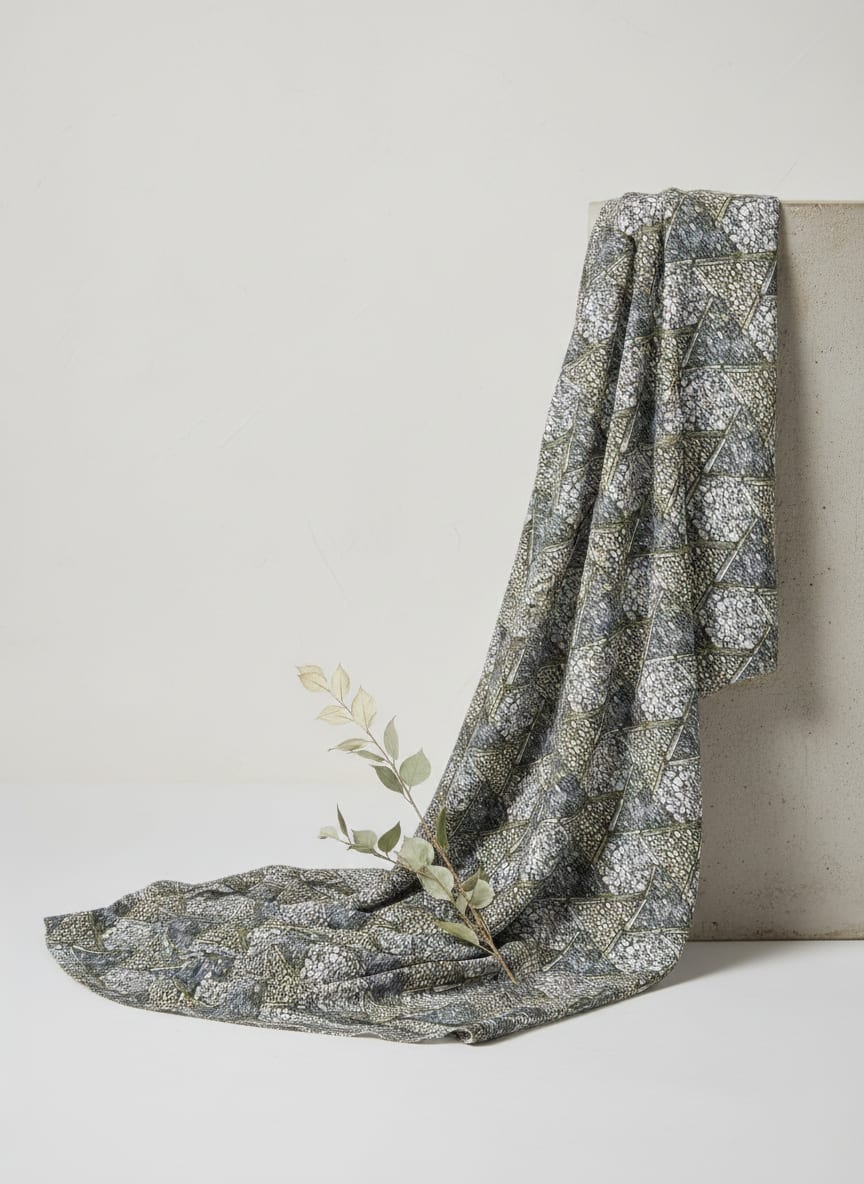 Grey Triangular Stone Pattern Weightless Digital Printed Fabric