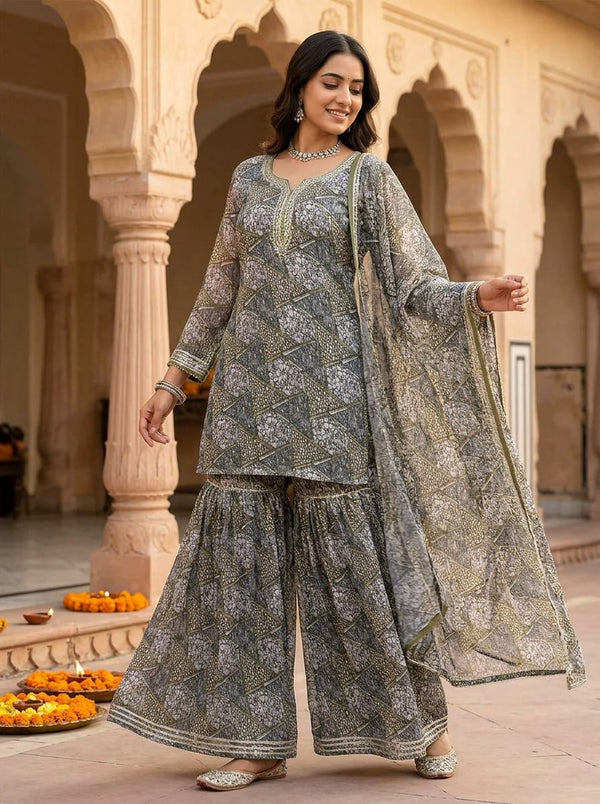 Grey Triangular Stone Pattern Weightless Digital Printed Fabric - Sharara Set Lookbook - WE-0-TA0107-110 - alternate view