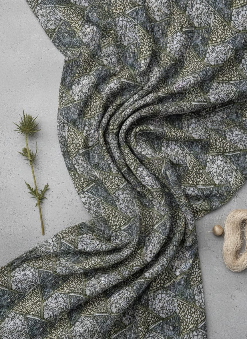Grey Geometric Cobblestone Triangle Pure Muslin Digital Printed Fabric