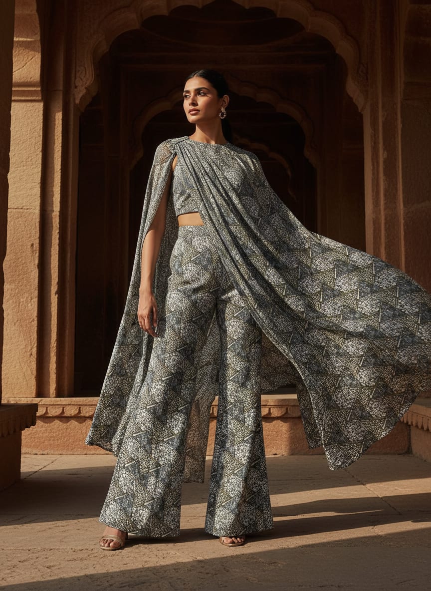 Grey Geometric Stone Pebble Print Upada Silk Digital Printed Fabric