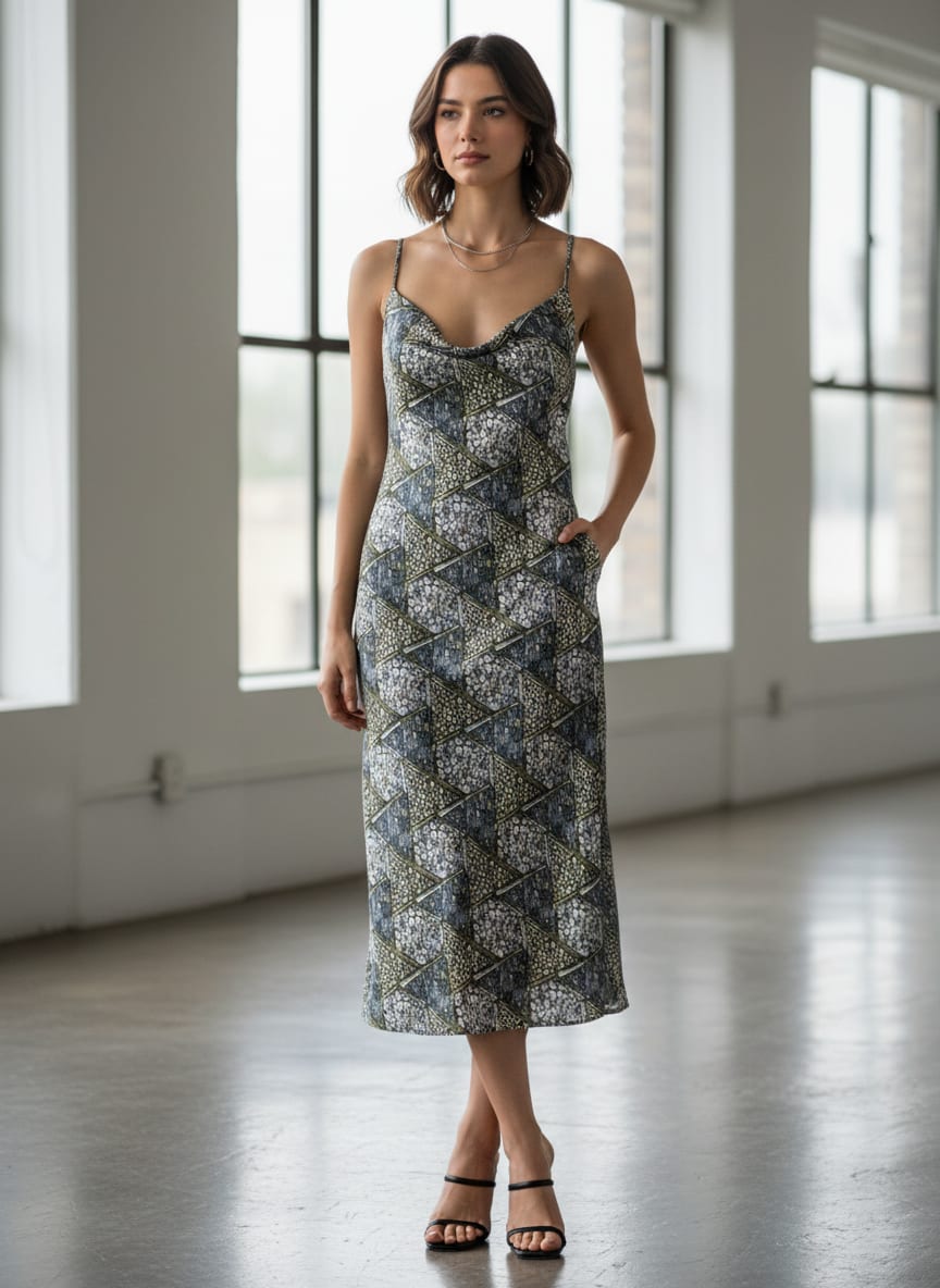 Grey Geometric Stone Pebble Print Upada Silk Digital Printed Fabric