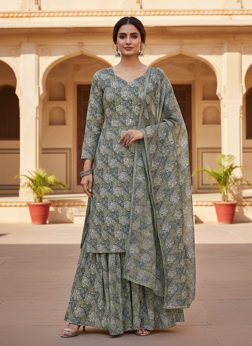 Grey Geometric Stone Pebble Print Upada Silk Digital Printed Fabric