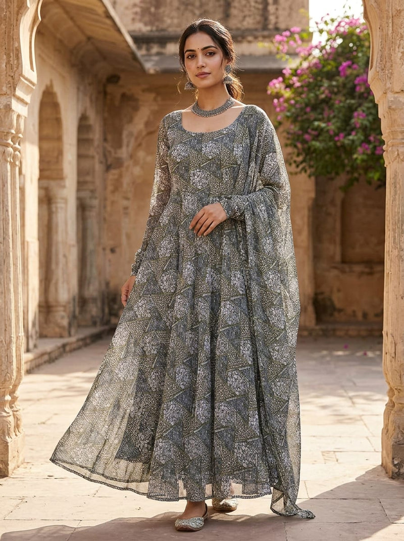 Grey Geometric Stone Pebble Pattern Pure Georgette Digital Printed Fabric