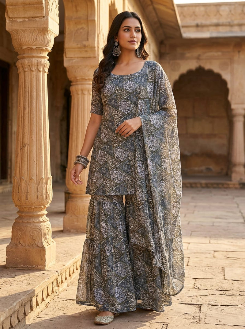 Grey Geometric Stone Pebble Pattern Pure Georgette Digital Printed Fabric