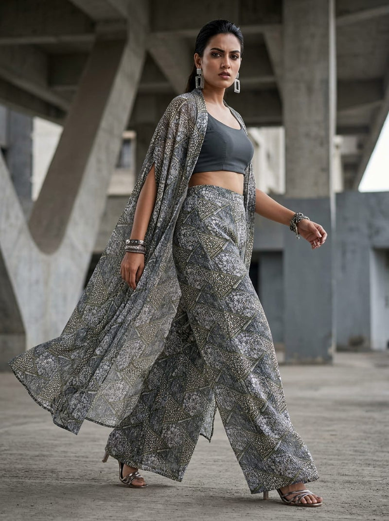 Grey Geometric Stone Pebble Pattern Pure Georgette Digital Printed Fabric