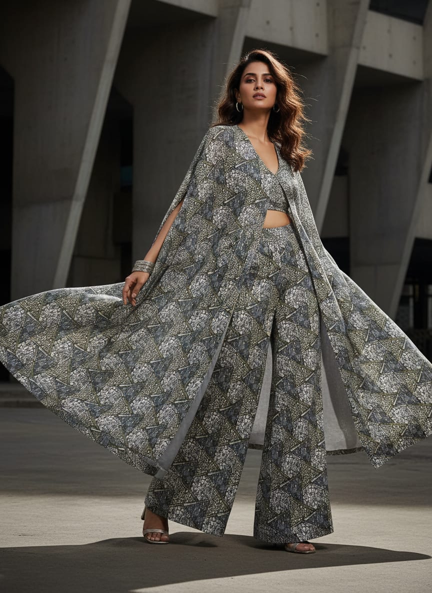 Grey Geometric Stone Pavement Pure Chinon Digital Printed Fabric
