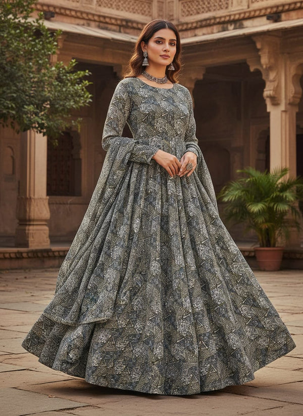 Grey Geometric Stone Pavement Pure Chinon Digital Printed Fabric - Anarkali Kurta Set Lookbook - PC-0-TA0107-106 - alternate view