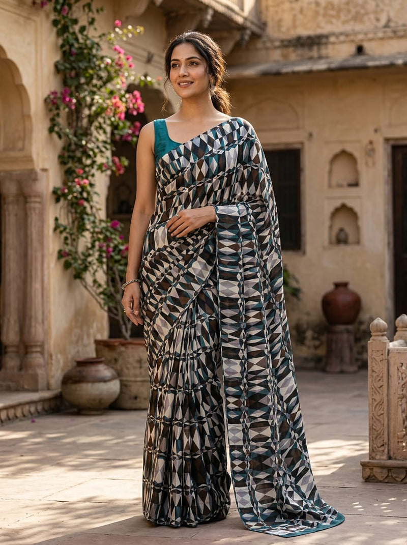 Multicolor Abstract Geometric Diamond Pattern Kora Silk Digital Printed Fabric