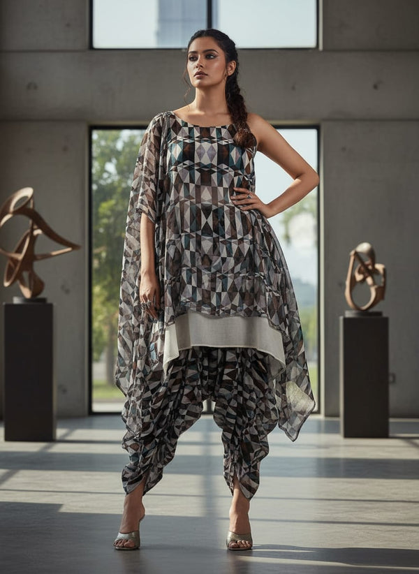 Seamless Lattice Multicolour Repeat Digital Printed Fabric - Pure Muslin - Asymmetric Tunic with Dhoti Pants Lookbook - PM-0-TA0109-151 - alternate view