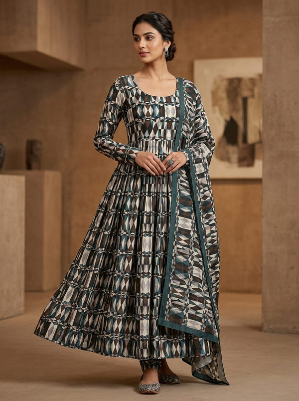 Multicolor Prismatic Diamond Geometric Upada Silk Digital Printed Fabric - Anarkali Kurta Set Lookbook - US-0-TA0109-110 - alternate view