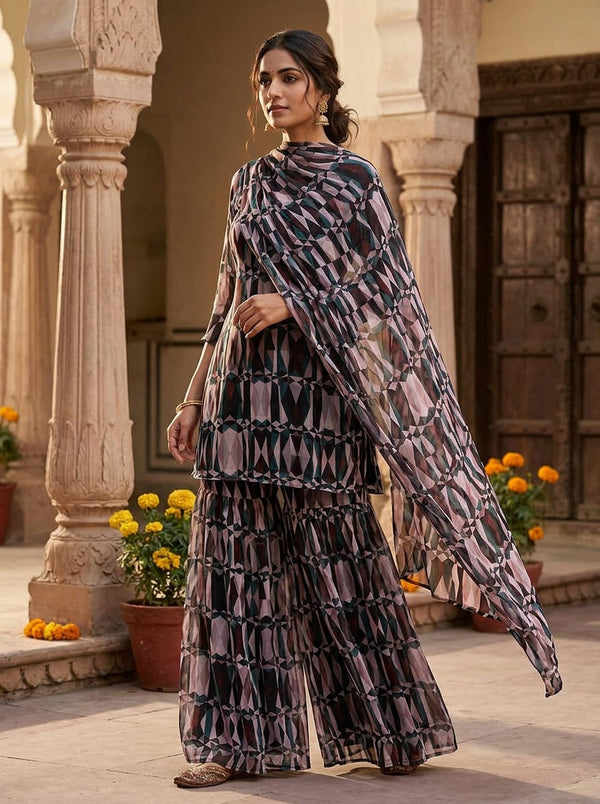 Multicolor Abstract Geometric Shards Pure Georgette Digital Printed Fabric - Sharara Set Lookbook - PG-0-TA0109-110 - alternate view