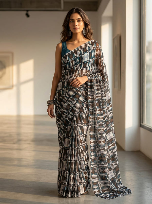 Multicolor Abstract Geometric Diamond Pattern Pure Chiffon Digital Printed Fabric - Saree Lookbook - PCH-0-TA0109-96 - alternate view
