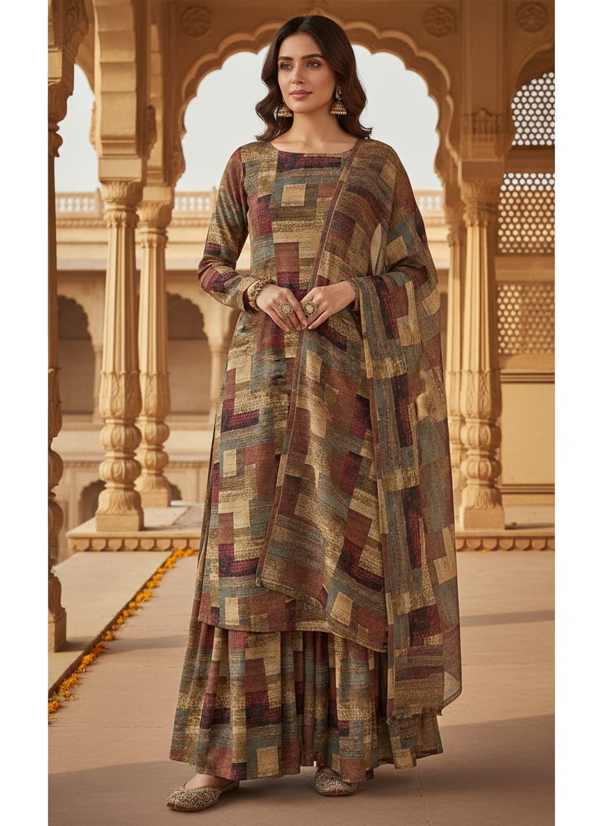 Multicolor Abstract Geometric Blocks Upada Silk Digital Printed Fabric