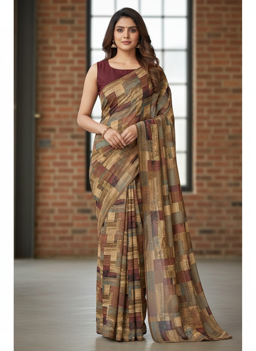 Multicolor Abstract Geometric Blocks Upada Silk Digital Printed Fabric