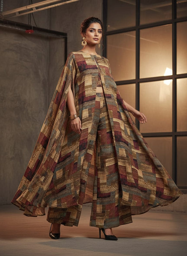Multicolor Textured Geometric Blocks Pure Chinon Digital Printed Fabric - Cape with Palazzo Lookbook - PC-0-TA0110-106 - alternate view