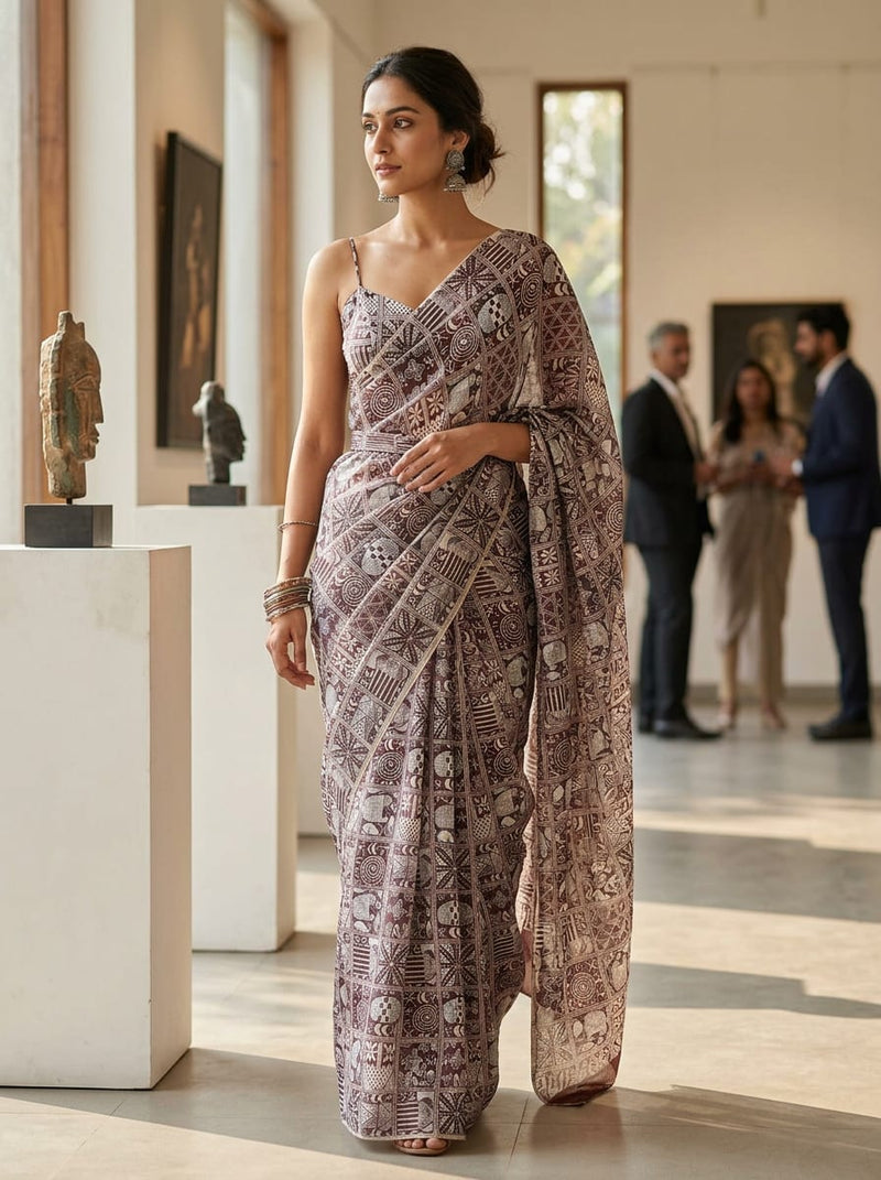 Brown Ethnic Tribal Block Print Kora Silk Digital Printed Fabric