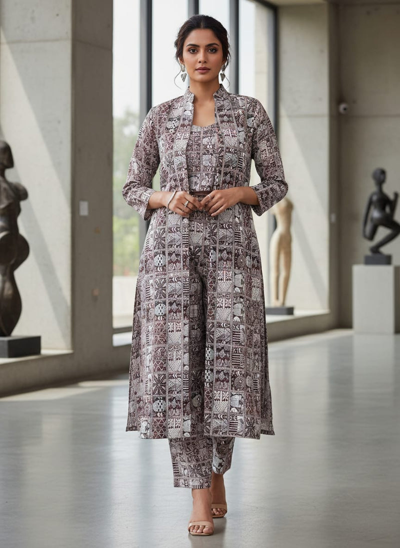 Brown Ethnic Tribal Block Print Kora Silk Digital Printed Fabric
