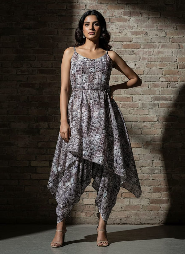 Greek Art Of Multitype Pattern Digital Printed Fabric - Pure Muslin - Asymmetric Tunic with Dhoti Pants Lookbook - PM-0-TA0127-151 - alternate view