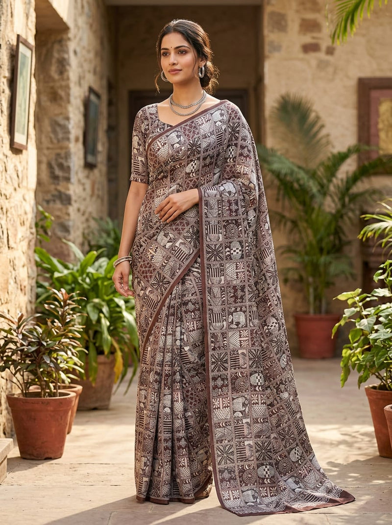 Brown Ethnic Tribal Art Grid Pattern Upada Silk Digital Printed Fabric