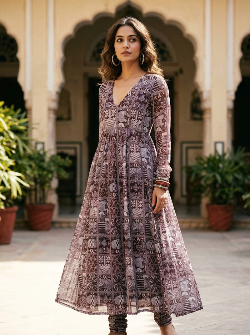 Brown Ethnic Warli Art Grid Pure Georgette Digital Printed Fabric