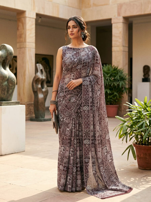 Brown Ethnic Warli Art Grid Pure Georgette Digital Printed Fabric - Saree Lookbook - PG-0-TA0127-110 - alternate view